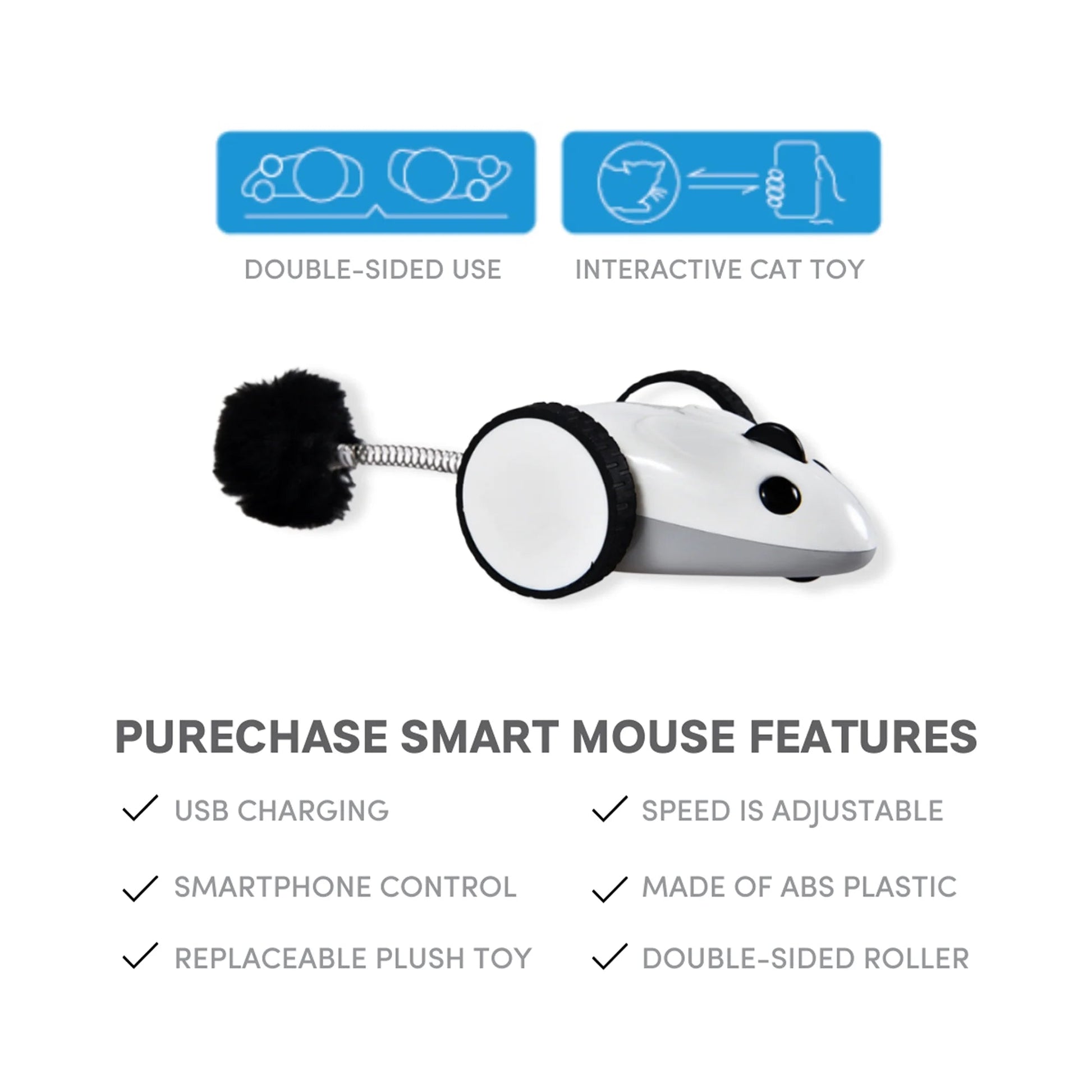 Purechase Smart Cat Toy, Interactive Automatic Mouse Shaped Toy for Pets, App Enabled with Adjustable Speed, Flip Modes, Replaceable Plush Tail and USB Charging for Kittens and Dogs - Eco and More Pet Store