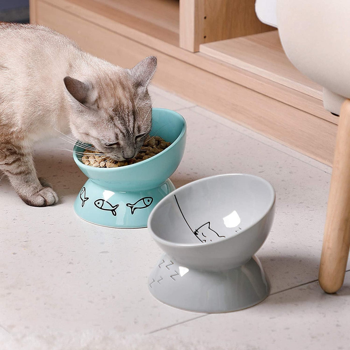 Raised Cat Bowl for Dry Wet Cat Food, Ceramic Elevated Pet Bowl Cat Dish, Protect Cat'S Spine, Stress Free, Slanted Design for Cat Easy Eating, 10 Oz, Dishwasher Safe (Grey) - Eco and More Pet Store