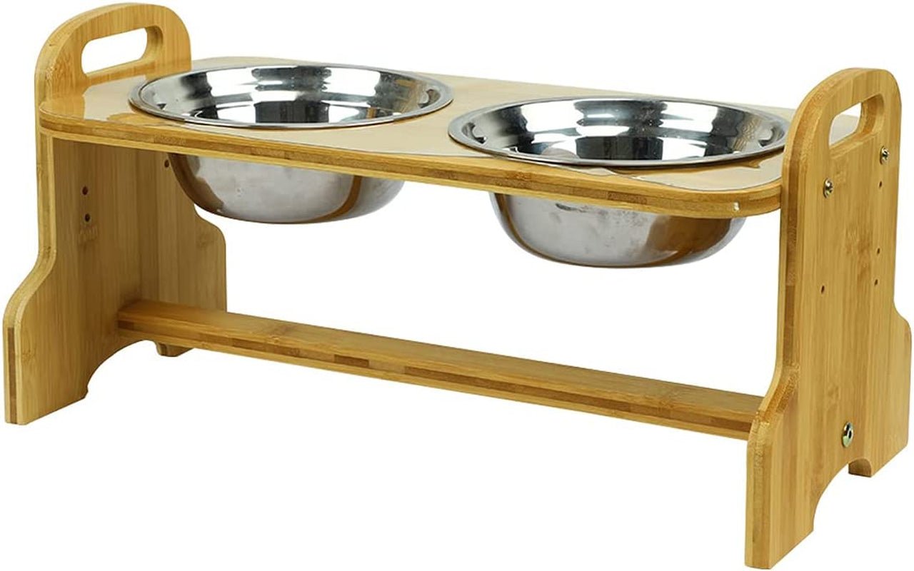 Raised Pet Bowls for Cats and Dogs, Bamboo Adjustable Tilted Elevated Dog Cat Food and Water Bowls Stand Feeder with 2 Stainless Steel Bowls and anti Slip Feet - Adjusts to 4 Heights - Eco and More Pet Store