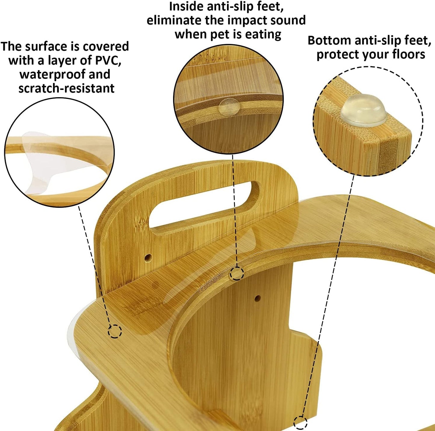 Raised Pet Bowls for Cats and Dogs, Bamboo Adjustable Tilted Elevated Dog Cat Food and Water Bowls Stand Feeder with 2 Stainless Steel Bowls and anti Slip Feet - Adjusts to 4 Heights - Eco and More Pet Store