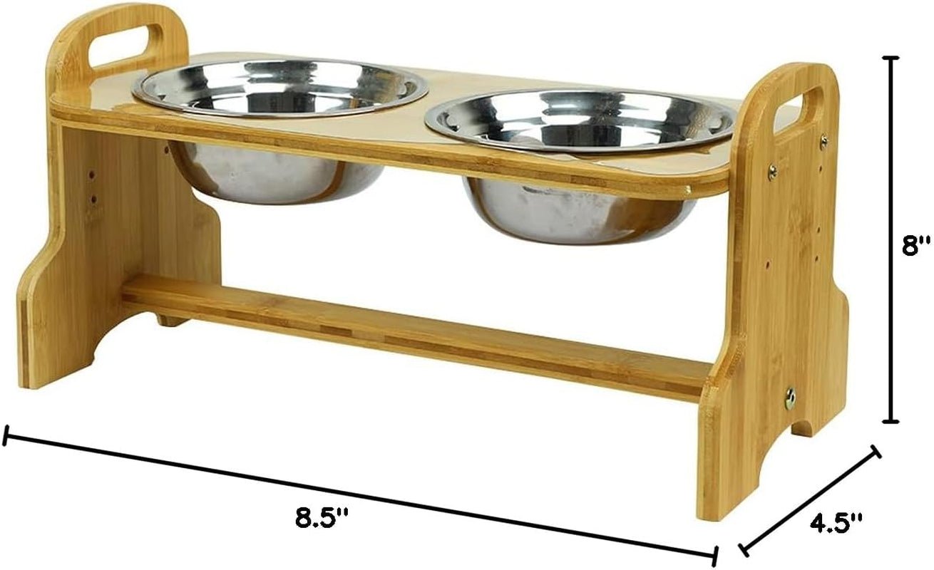 Raised Pet Bowls for Cats and Dogs, Bamboo Adjustable Tilted Elevated Dog Cat Food and Water Bowls Stand Feeder with 2 Stainless Steel Bowls and anti Slip Feet - Adjusts to 4 Heights - Eco and More Pet Store