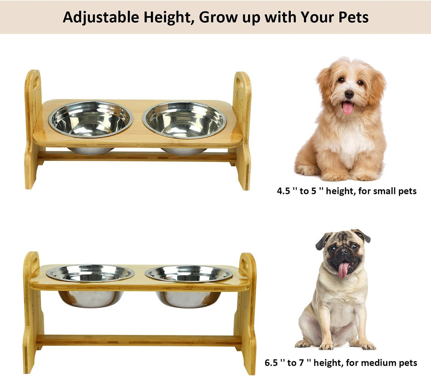 Raised Pet Bowls for Cats and Dogs, Bamboo Adjustable Tilted Elevated Dog Cat Food and Water Bowls Stand Feeder with 2 Stainless Steel Bowls and anti Slip Feet - Adjusts to 4 Heights - Eco and More Pet Store