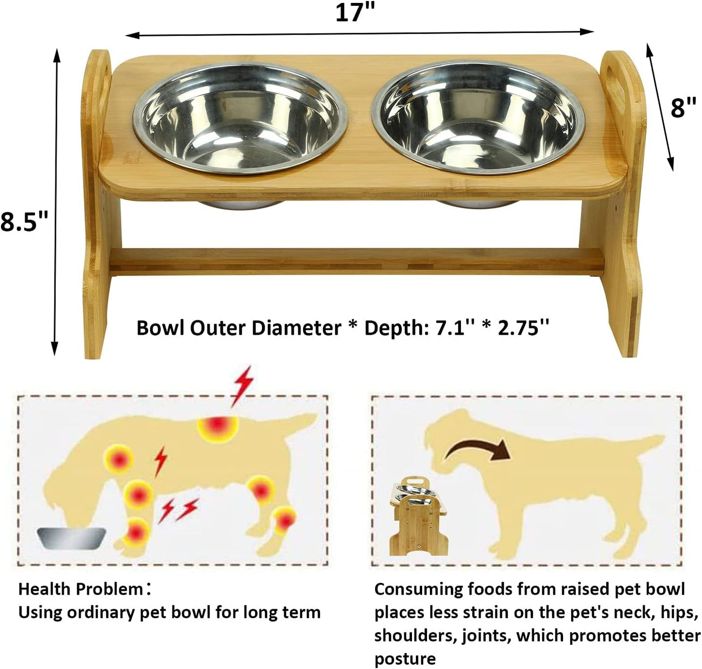 Raised Pet Bowls for Cats and Dogs, Bamboo Adjustable Tilted Elevated Dog Cat Food and Water Bowls Stand Feeder with 2 Stainless Steel Bowls and anti Slip Feet - Adjusts to 4 Heights - Eco and More Pet Store