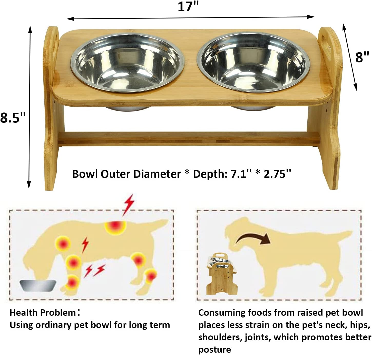 Raised Pet Bowls for Cats and Dogs, Bamboo Adjustable Tilted Elevated Dog Cat Food and Water Bowls Stand Feeder with 2 Stainless Steel Bowls and anti Slip Feet - Adjusts to 4 Heights - Eco and More Pet Store