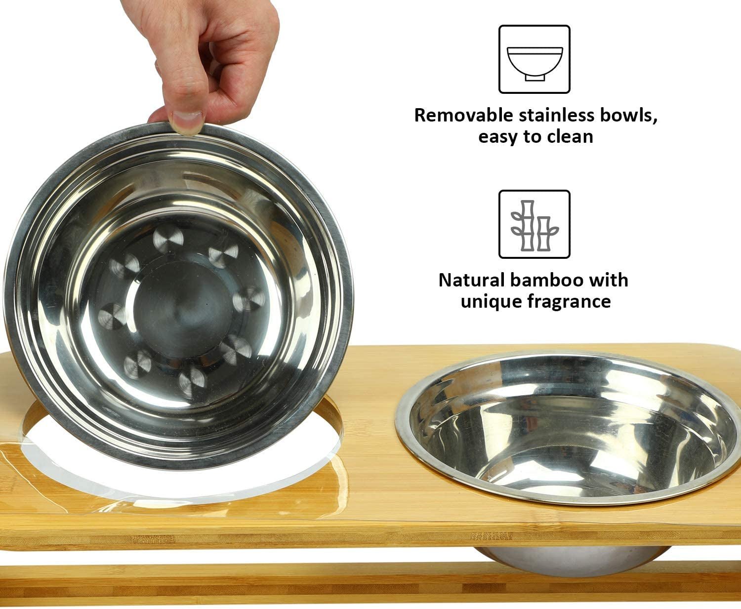 Raised Pet Bowls for Cats and Dogs, Bamboo Adjustable Tilted Elevated Dog Cat Food and Water Bowls Stand Feeder with 2 Stainless Steel Bowls and anti Slip Feet - Adjusts to 4 Heights - Eco and More Pet Store