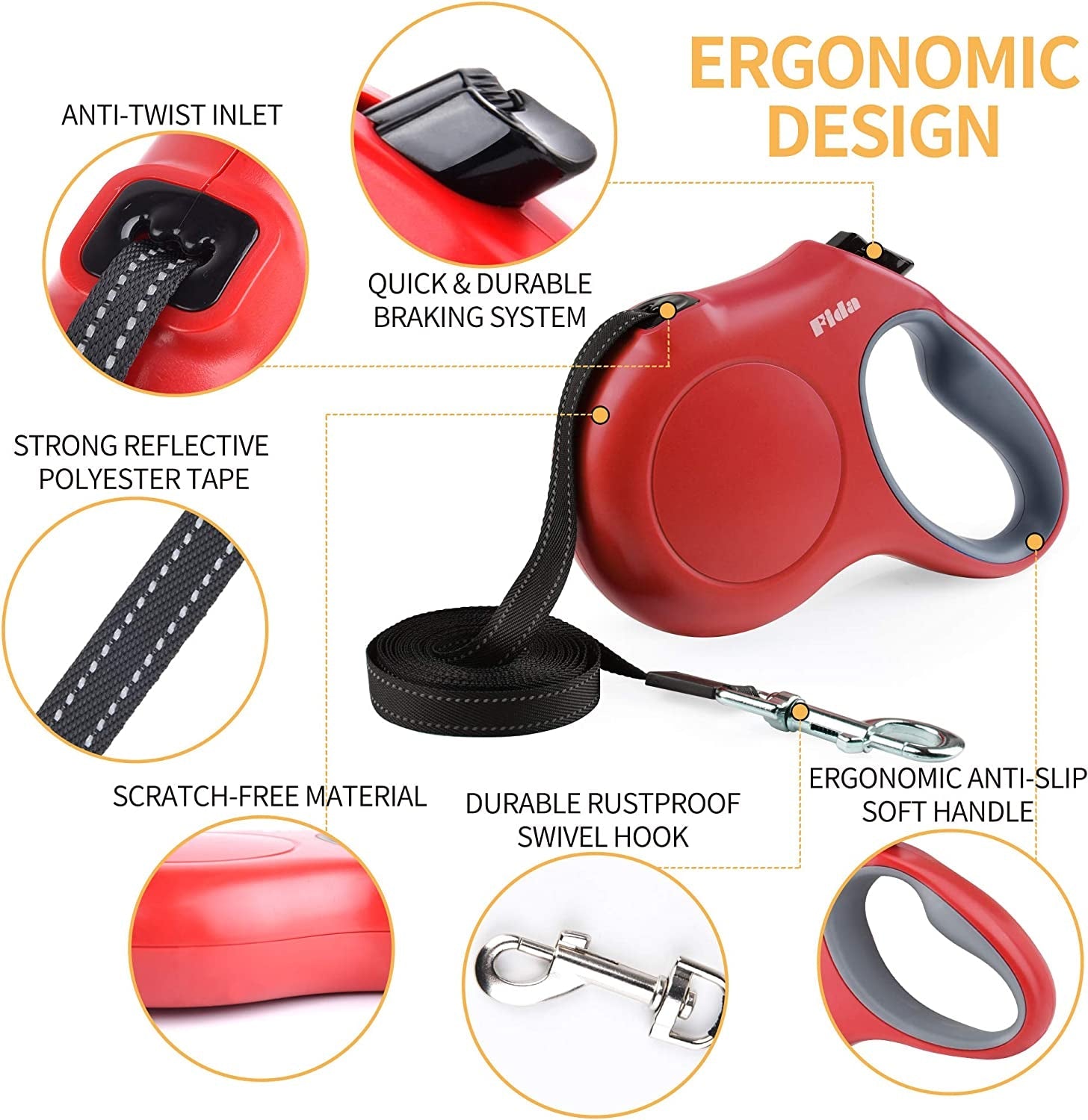 Retractable Dog Leash with Dispenser and Poop Bags, 16 Ft Pet Walking Leash for Medium Dog or Cat up to 44 Lbs, Anti - Slip Handle, Tangle Free, Reflective Nylon Tape (M, Red) - Eco and More Pet Store