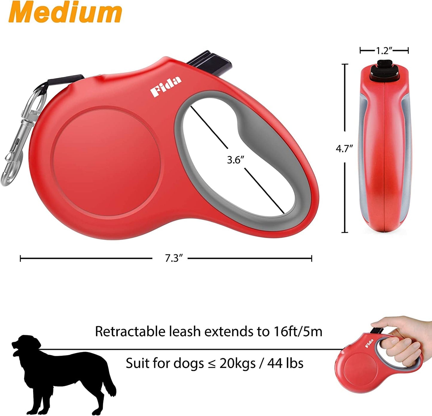 Retractable Dog Leash with Dispenser and Poop Bags, 16 Ft Pet Walking Leash for Medium Dog or Cat up to 44 Lbs, Anti - Slip Handle, Tangle Free, Reflective Nylon Tape (M, Red) - Eco and More Pet Store