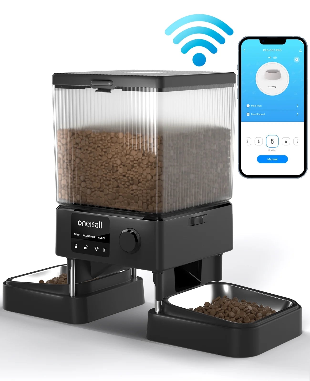 Smart 5L Automatic Pet Feeder - WiFi & App - Controlled Double Bowl Dispenser for Cats & Small Dogs | Timed Feeding with Desiccant Bag | PFD - 002 PRO - Sleek Black Design - Eco and More Pet Store