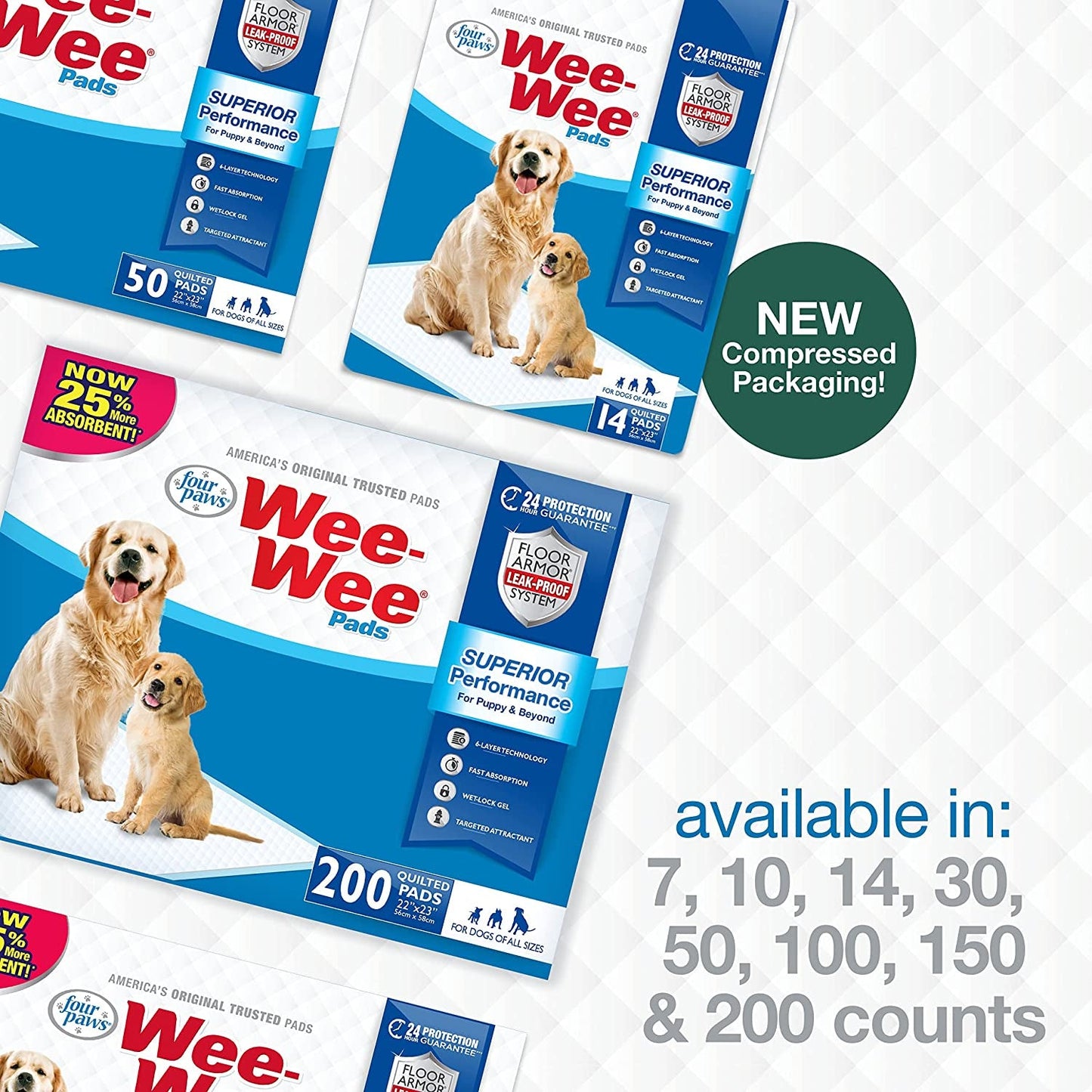 Wee - Wee Superior Performance Pee Pads for Dogs of All Sizes, Leak - Proof Floor Protection Dog & Puppy Quilted Potty Training Pads, Unscented, 22" X 23" (200 Count) - Eco and More Pet Store