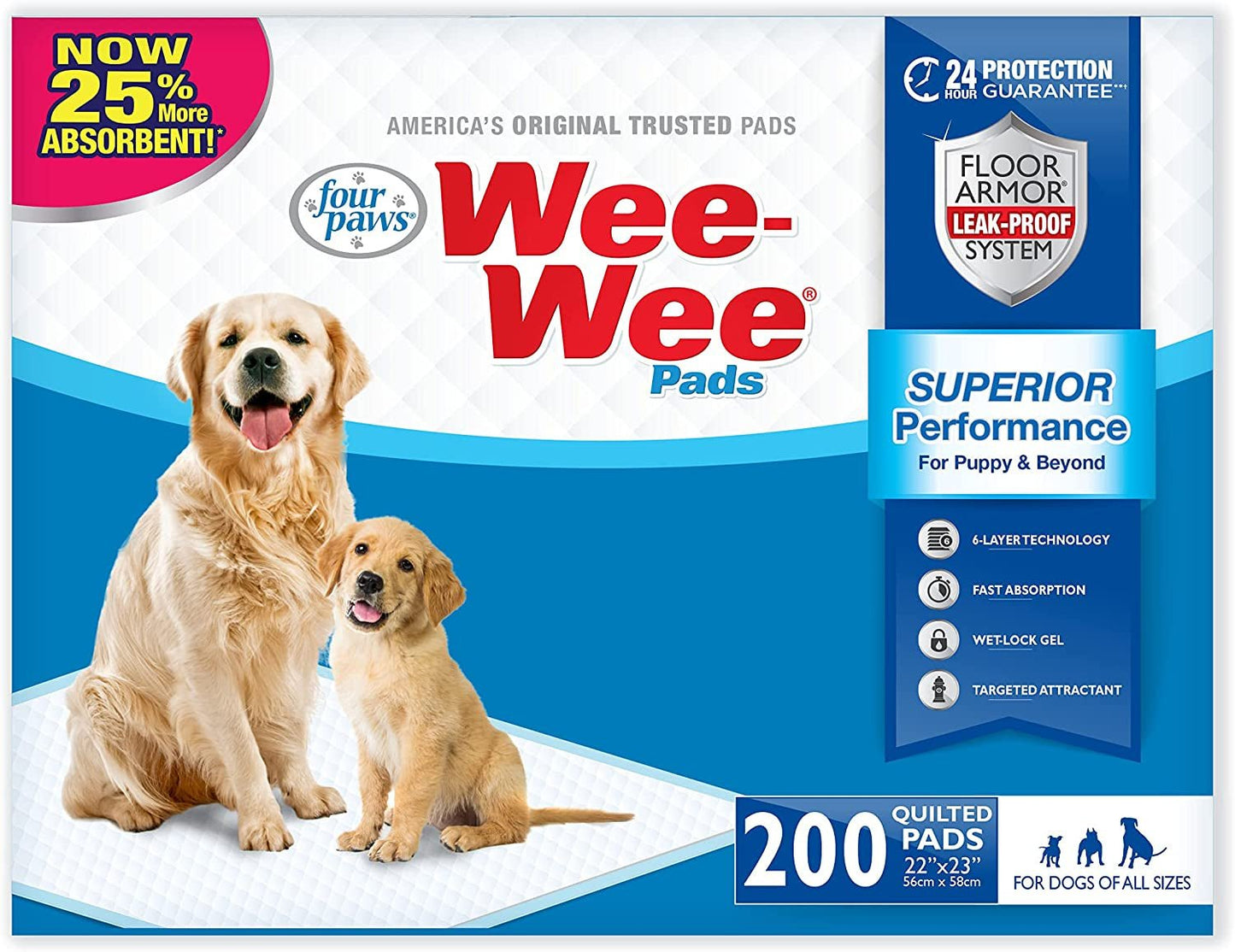 Wee - Wee Superior Performance Pee Pads for Dogs of All Sizes, Leak - Proof Floor Protection Dog & Puppy Quilted Potty Training Pads, Unscented, 22" X 23" (200 Count) - Eco and More Pet Store