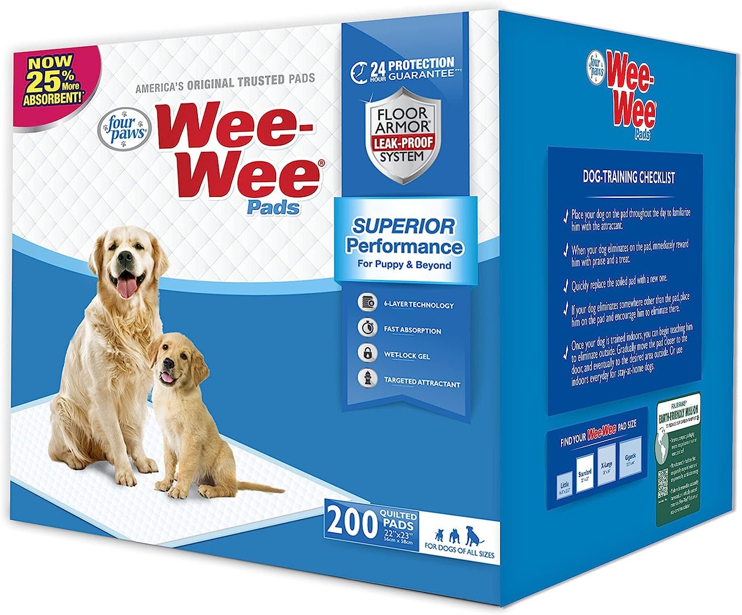 Wee - Wee Superior Performance Pee Pads for Dogs of All Sizes, Leak - Proof Floor Protection Dog & Puppy Quilted Potty Training Pads, Unscented, 22" X 23" (200 Count) - Eco and More Pet Store