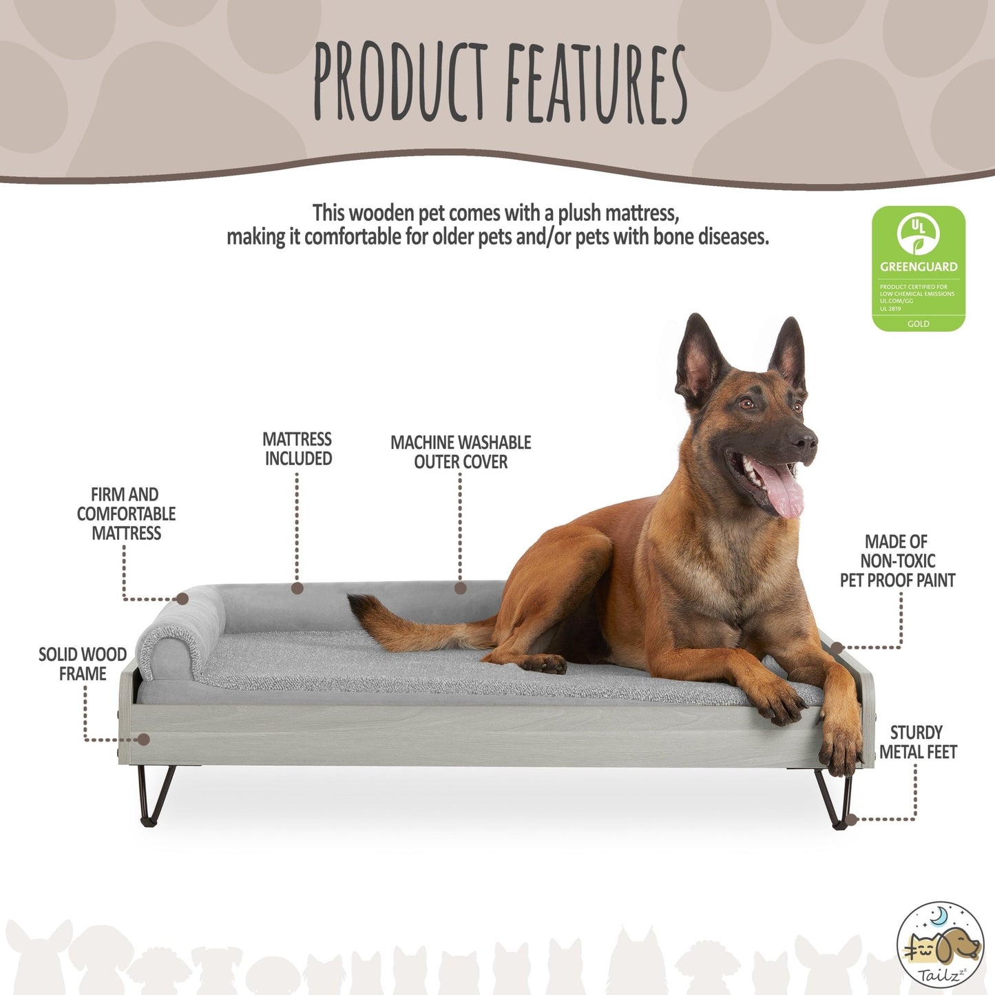Wooden Pet Bed with Mattress | Large to Extra Large Pet Bed with Mattress | Elevated Pet Bed | Greenguard Gold Certified Wooden Pet Bed - Eco and More Pet Store DBA Overseen