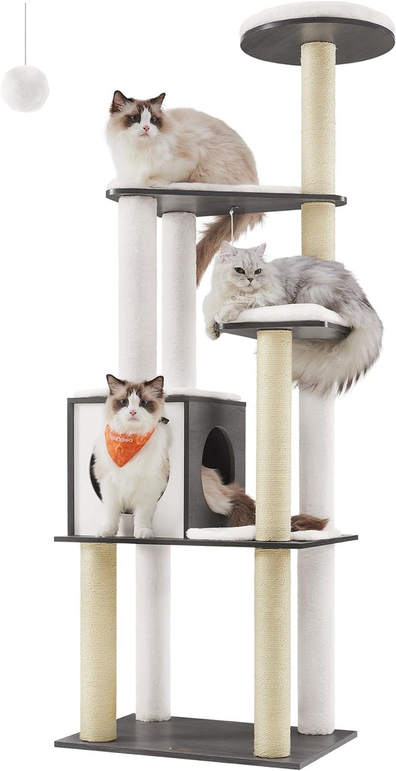 Woodywonders Cat Tree, 65 - Inch Modern Cat Tower for Indoor Cats, Multi - Level Cat Condo with 5 Scratching Posts, Perch, Washable Removable Cushions, Cat Furniture, Rustic Brown UPCT166X01 - Eco and More Pet Store