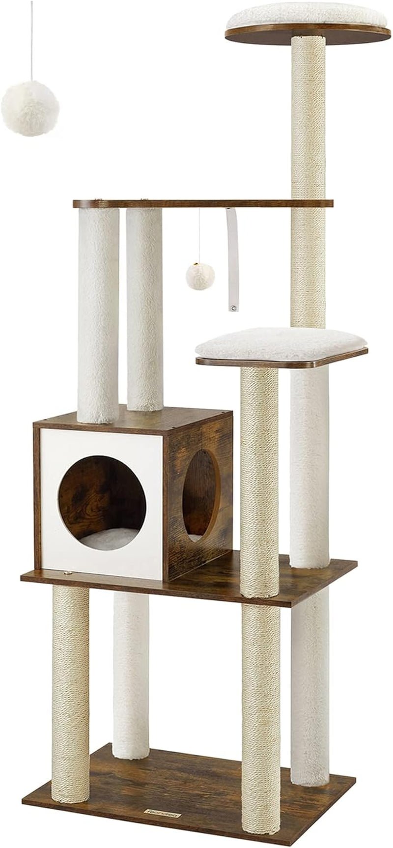 Woodywonders Cat Tree, 65 - Inch Modern Cat Tower for Indoor Cats, Multi - Level Cat Condo with 5 Scratching Posts, Perch, Washable Removable Cushions, Cat Furniture, Rustic Brown UPCT166X01 - Eco and More Pet Store