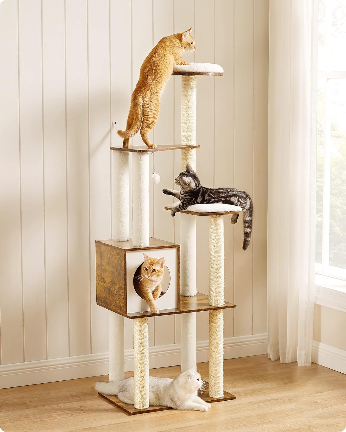 Woodywonders Cat Tree, 65 - Inch Modern Cat Tower for Indoor Cats, Multi - Level Cat Condo with 5 Scratching Posts, Perch, Washable Removable Cushions, Cat Furniture, Rustic Brown UPCT166X01 - Eco and More Pet Store