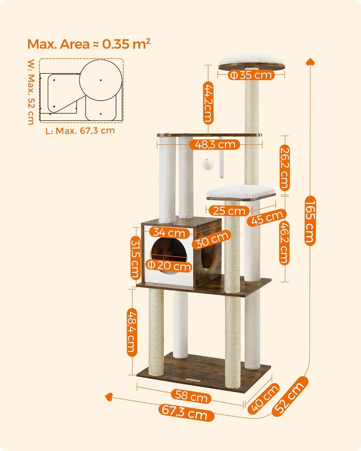 Woodywonders Cat Tree, 65 - Inch Modern Cat Tower for Indoor Cats, Multi - Level Cat Condo with 5 Scratching Posts, Perch, Washable Removable Cushions, Cat Furniture, Rustic Brown UPCT166X01 - Eco and More Pet Store