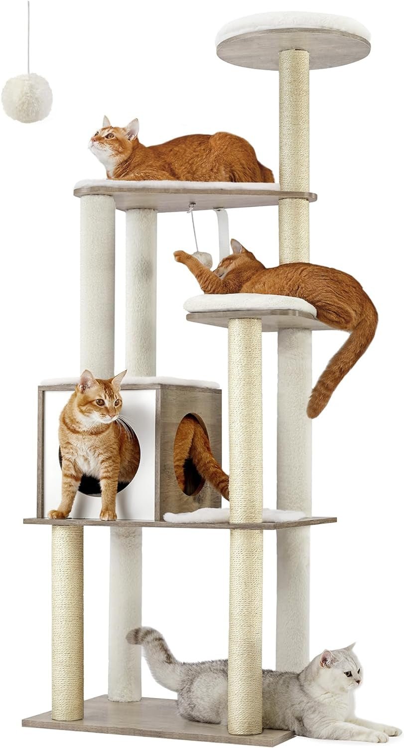 Woodywonders Cat Tree, 65 - Inch Modern Cat Tower for Indoor Cats, Multi - Level Cat Condo with 5 Scratching Posts, Perch, Washable Removable Cushions, Cat Furniture, Rustic Brown UPCT166X01 - Eco and More Pet Store